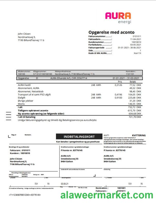 Denmark AURA Energi utility bill template in Word and PDF format